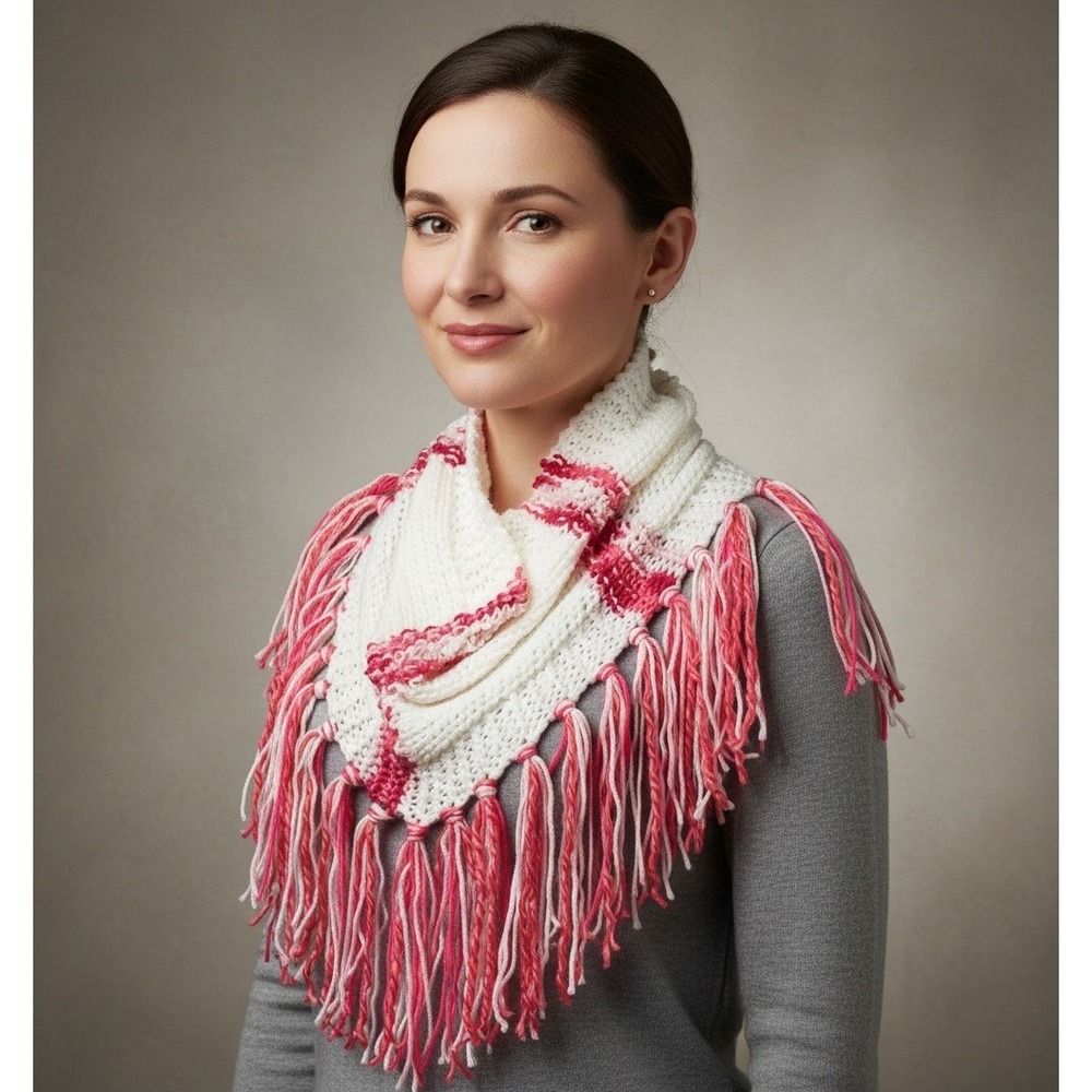NEW Hand Knitted Pink White Womens Boho Cowl Scarf Fairy Cottage Coquette Whimsy